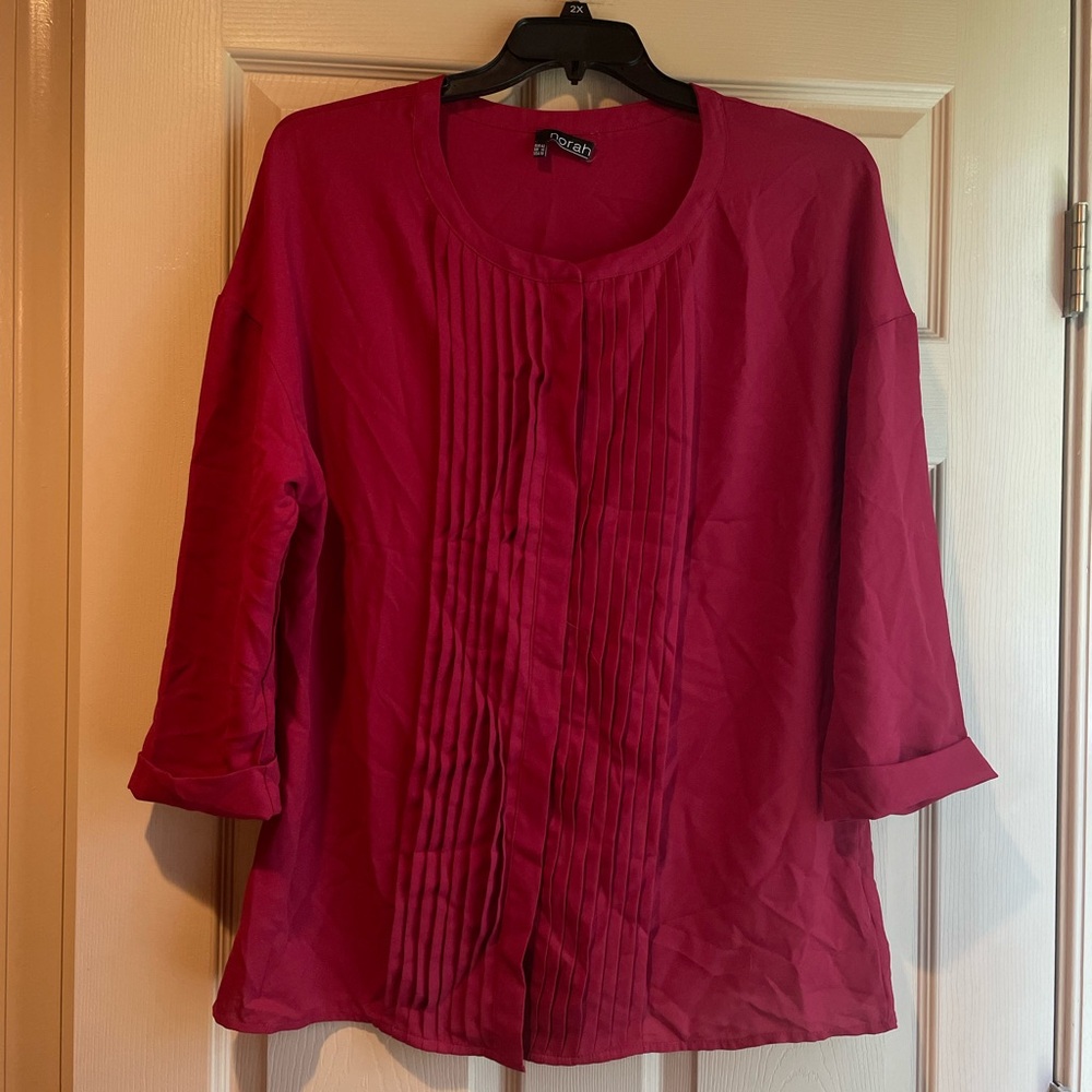 Norah Deep Red Pleated Blouse with Roll Cuff‎ Sleeve and Snap Closure, Size 10